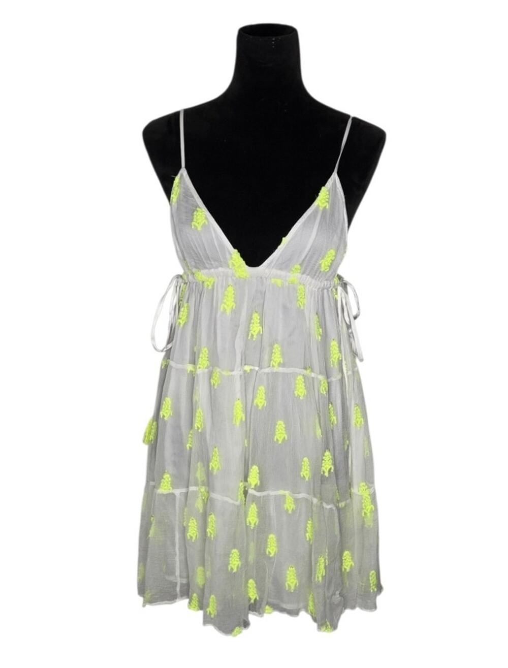 Tessora White Neon Embroidered Tassel Tiered Mini Dress Vacation Festival Size S